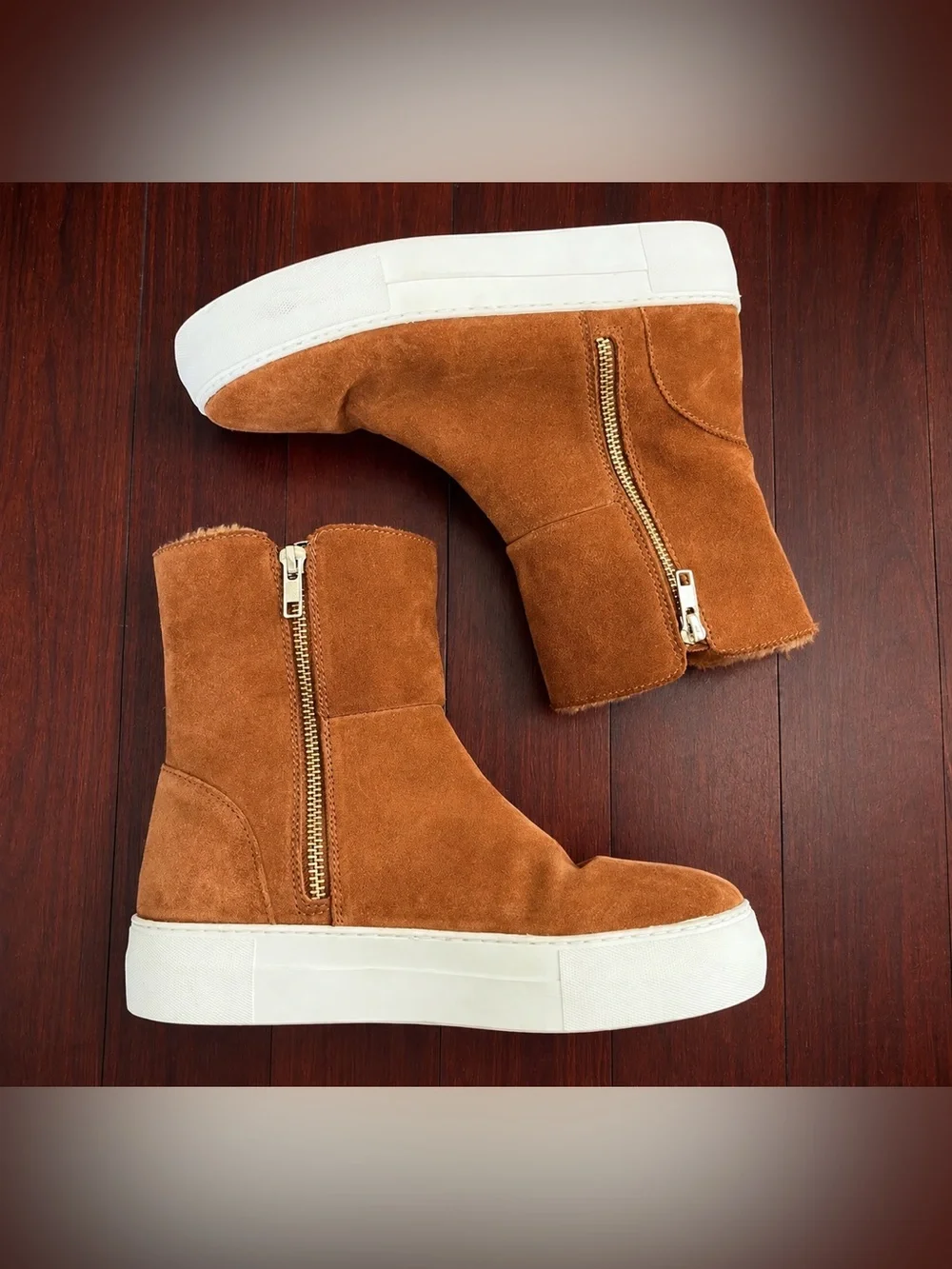 J/Slides NYC Tan Suede Leather Faux Fur Platform Sneaker Boots 6.5